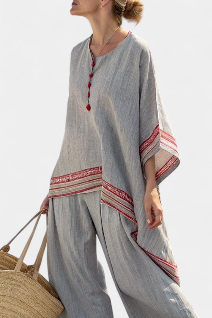 Brielle – Sophisticated Asymmetric Blouse and Wide-Leg Ethnic Trousers