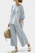 Felicity – Sophisticated Blue Striped Linen Top and Relaxed Trousers