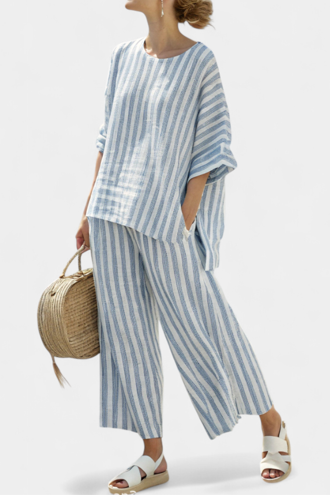 Felicity – Sophisticated Blue Striped Linen Top and Relaxed Trousers