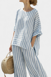 Felicity – Sophisticated Blue Striped Linen Top and Relaxed Trousers