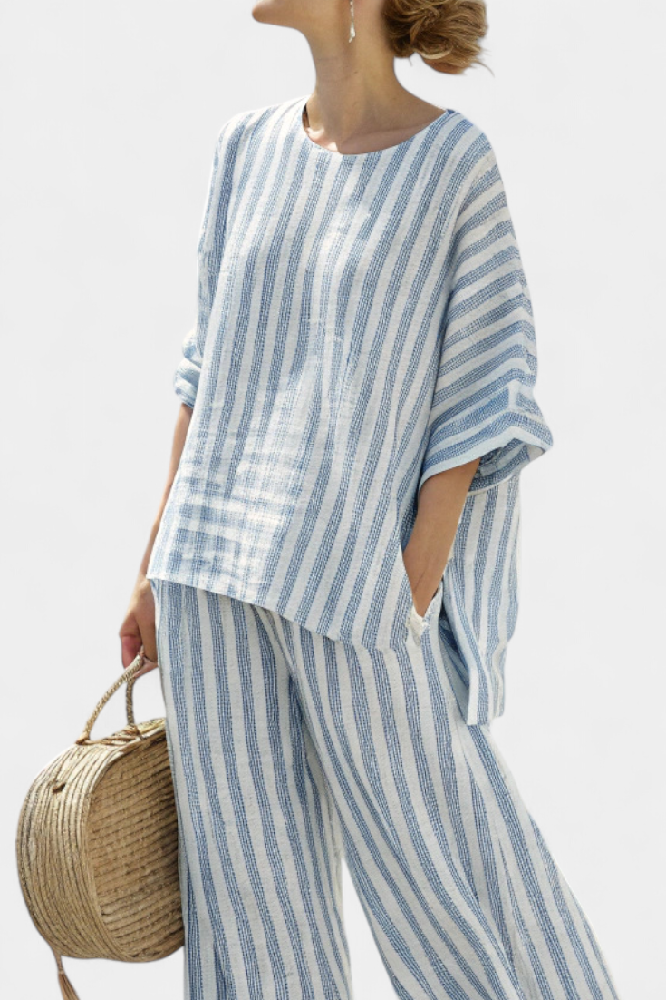 Felicity – Sophisticated Blue Striped Linen Top and Relaxed Trousers