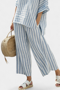 Felicity – Sophisticated Blue Striped Linen Top and Relaxed Trousers
