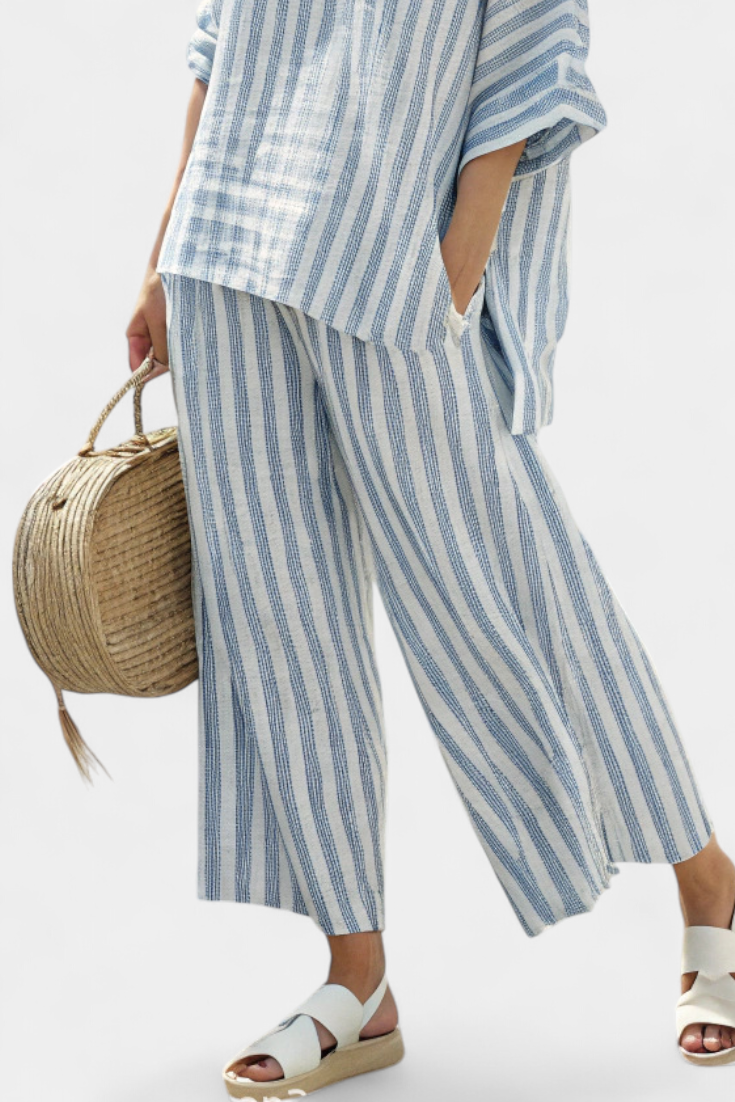 Felicity – Sophisticated Blue Striped Linen Top and Relaxed Trousers