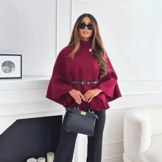 Hattie - Cozy High Neck Buttoned Cape Claret