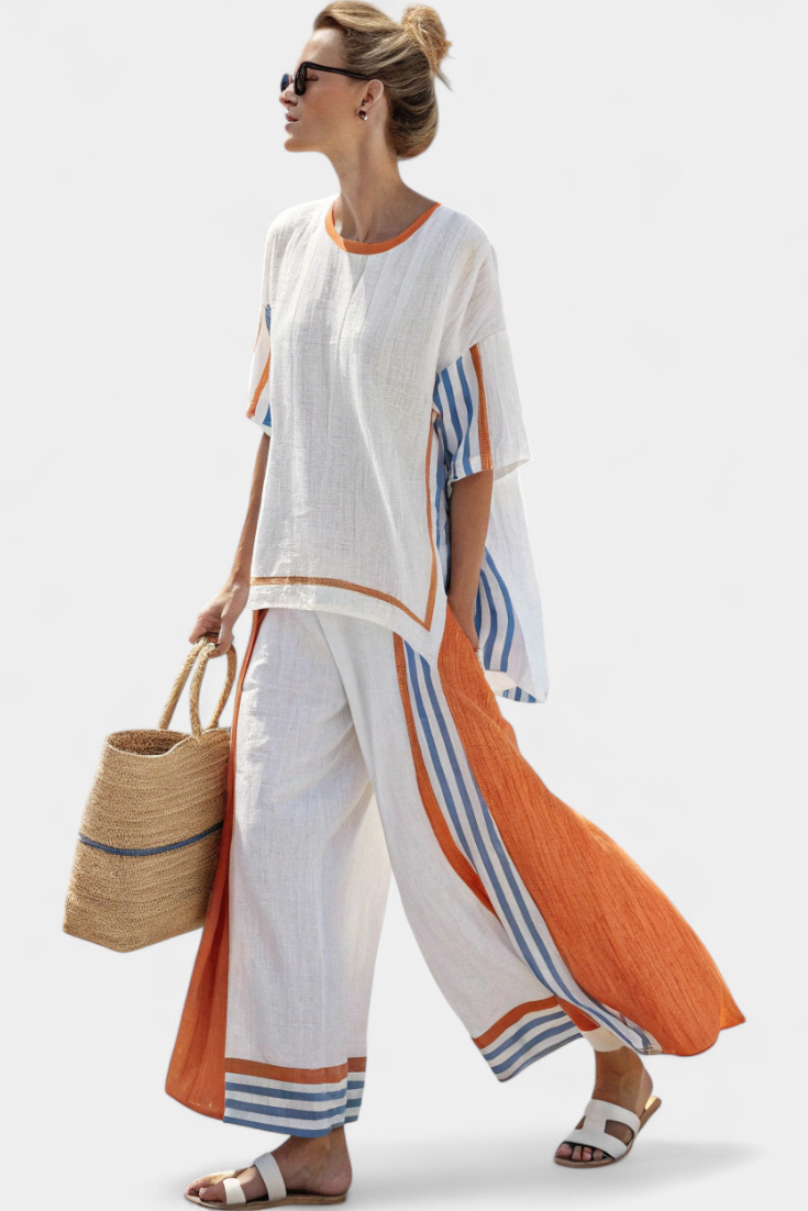 Thorneil | Comfortable Wide-Leg Striped Pants & Linen Top Multi Colored Stripes
