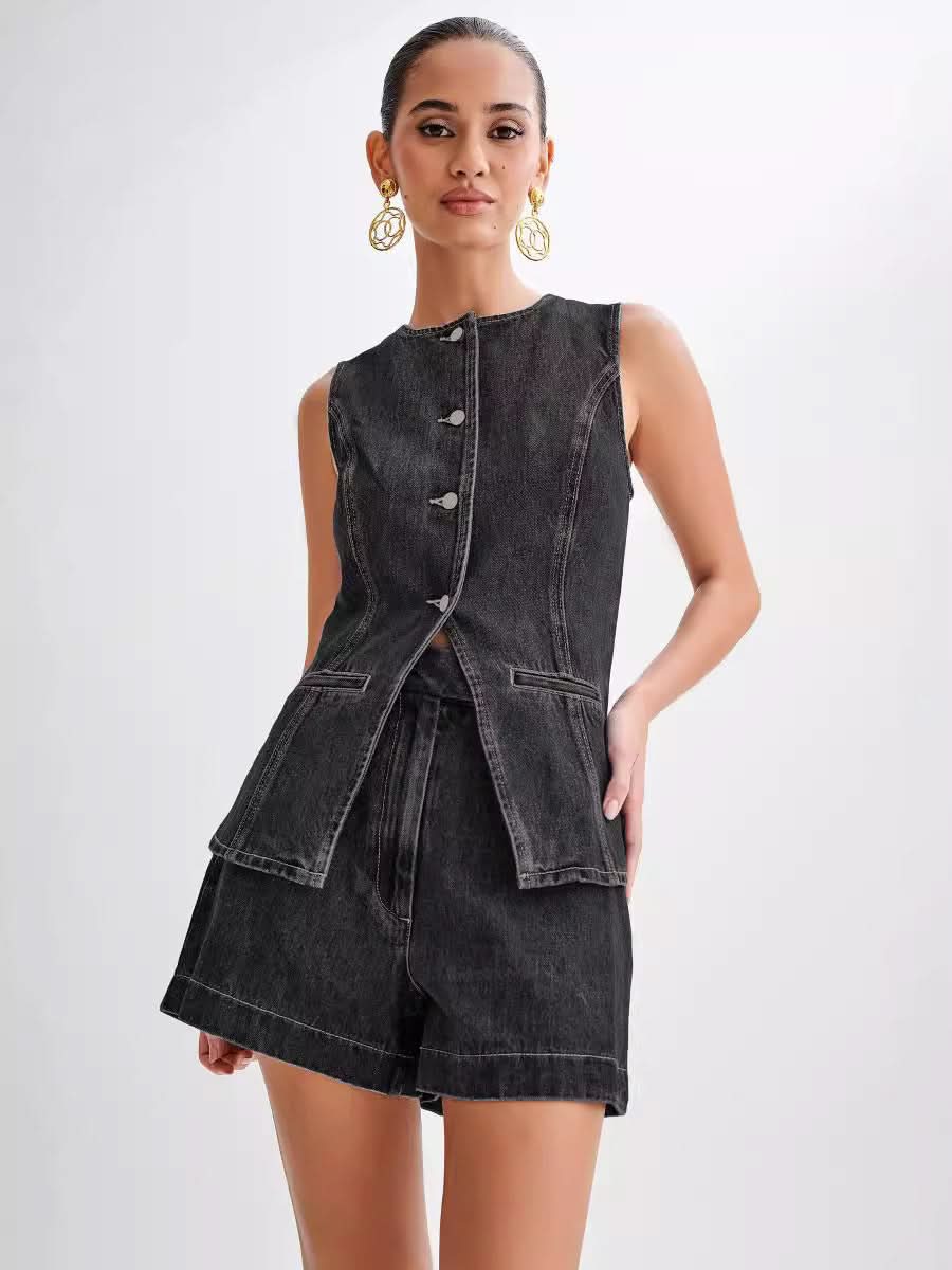 REBECCA | DENIM TOP + FREE SHORT Black