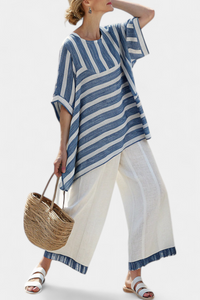 Ottilie – Sophisticated Blue Striped Top and Trousers with Hem Details