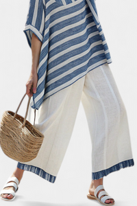 Ottilie – Sophisticated Blue Striped Top and Trousers with Hem Details