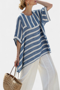 Ottilie – Sophisticated Blue Striped Top and Trousers with Hem Details