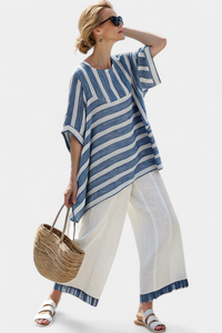 Ottilie – Sophisticated Blue Striped Top and Trousers with Hem Details