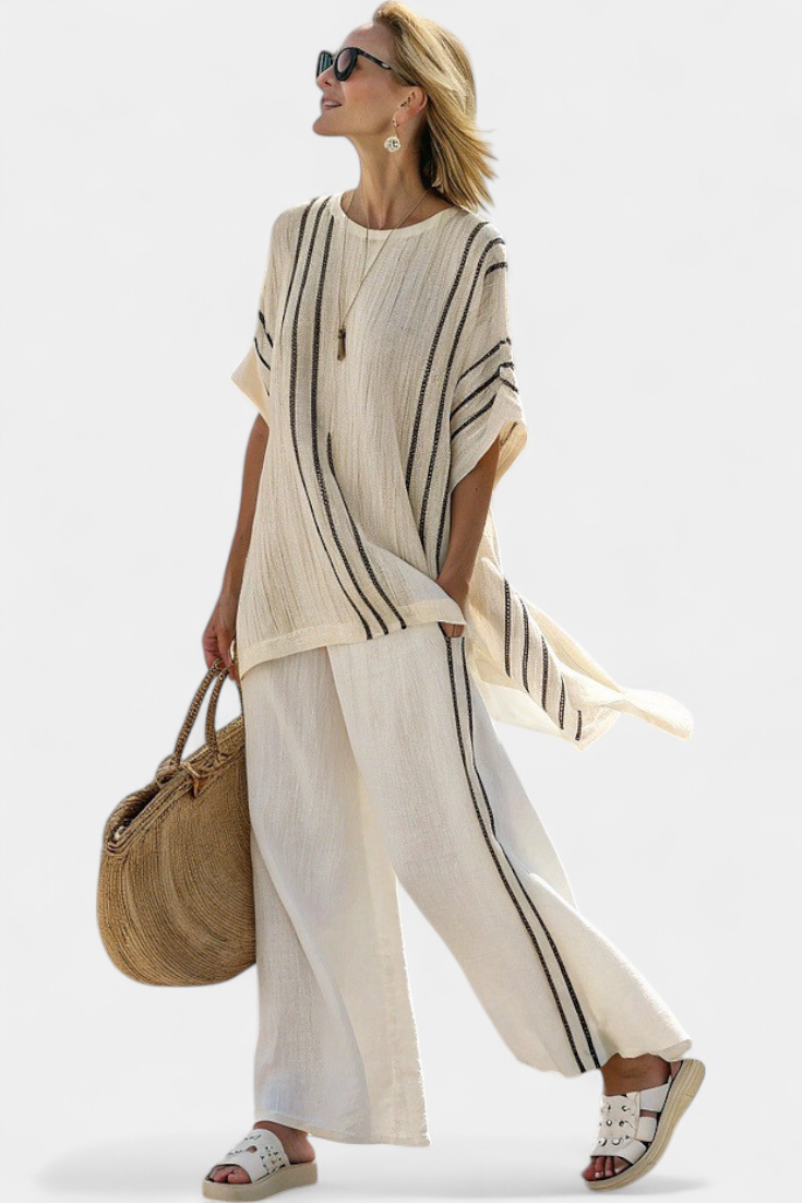 Rosalind – Elegant Ivory Linen Blouse and Black Striped Trousers