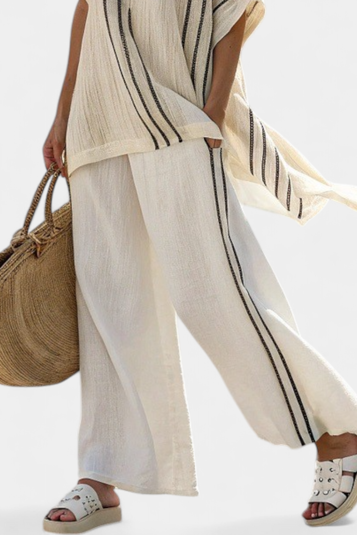 Rosalind – Elegant Ivory Linen Blouse and Black Striped Trousers
