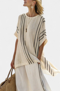 Rosalind – Elegant Ivory Linen Blouse and Black Striped Trousers
