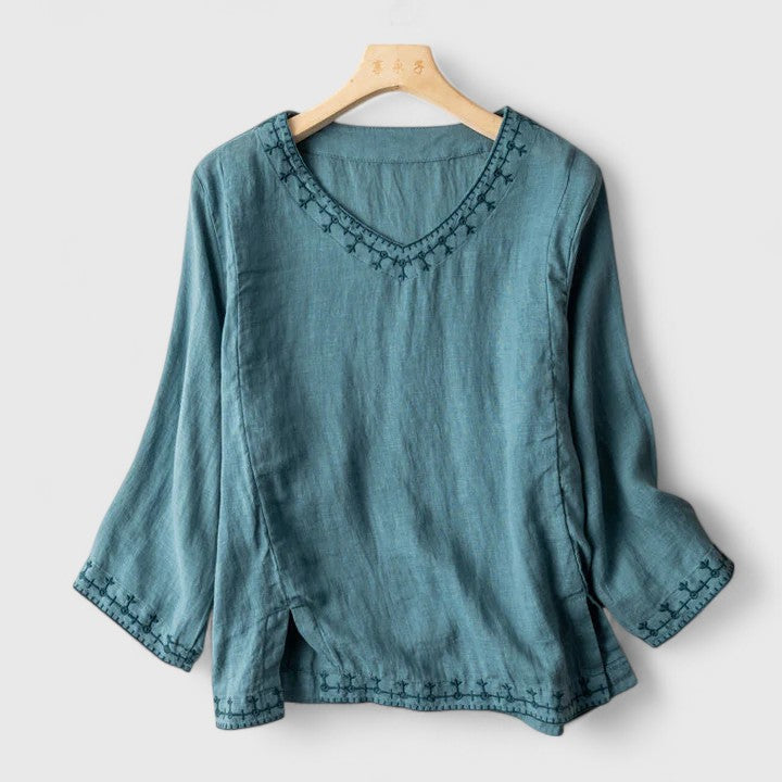 Taysia | Elegant V-Neck Blouse Blue