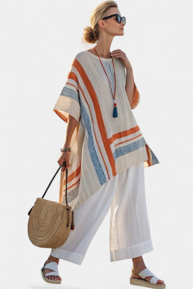 Jessamine – Sophisticated Asymmetric Blouse and Wide-Leg Linen Trousers