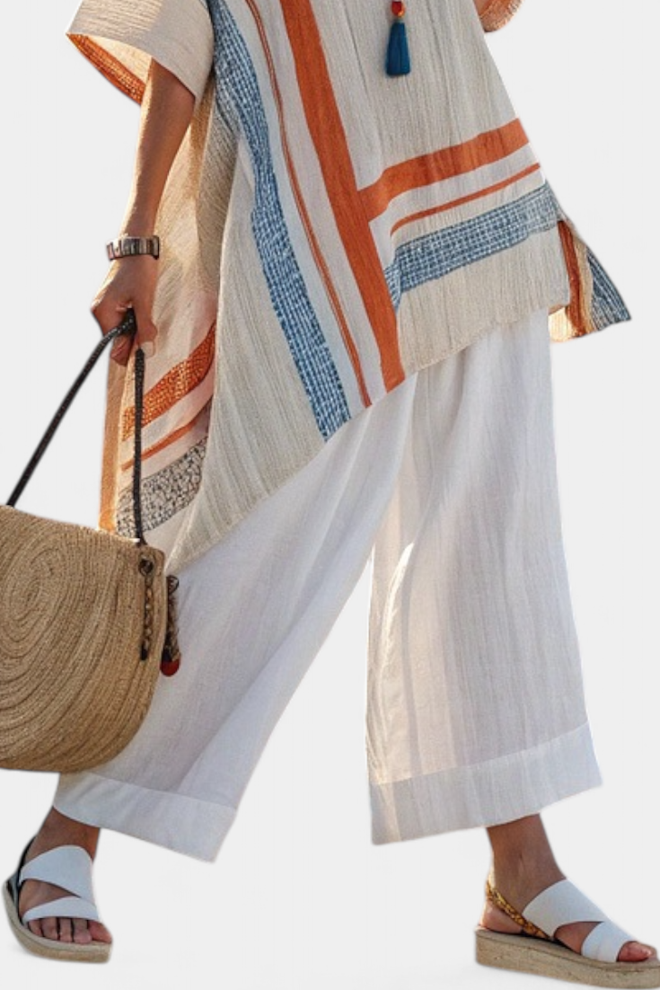 Jessamine – Sophisticated Asymmetric Blouse and Wide-Leg Linen Trousers