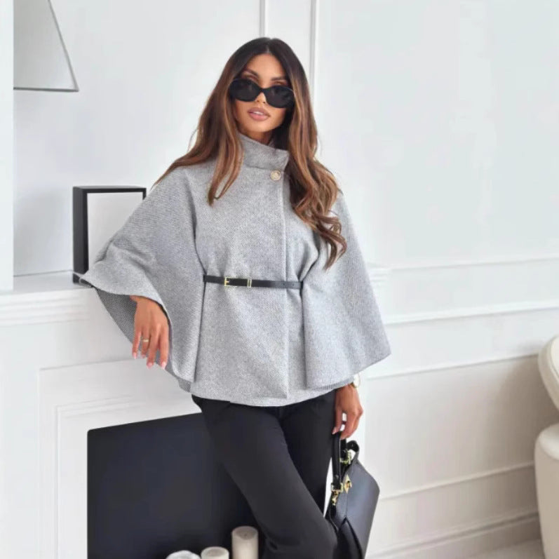 Hattie - Cozy High Neck Buttoned Cape Gray