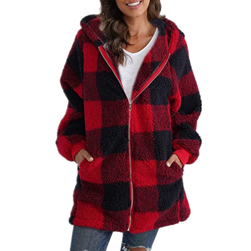 Arabella - Plaid Fleece Long Sleeve Hooded Coat Red