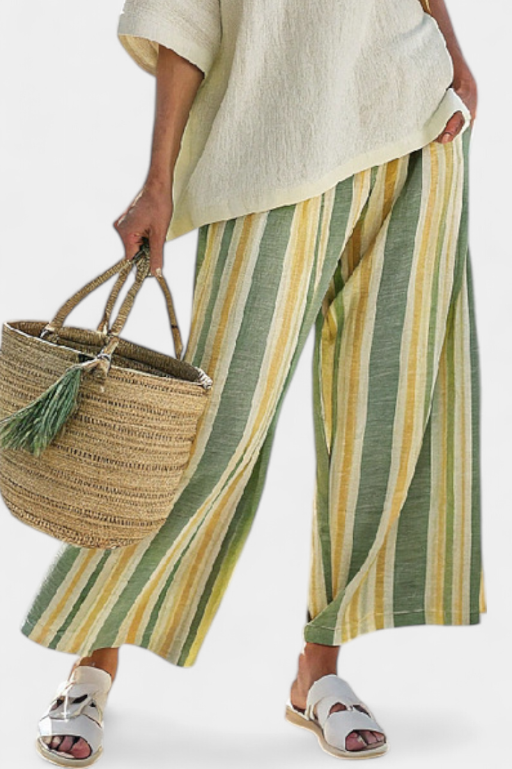 Cecily – Sophisticated Top and Striped Linen Trousers