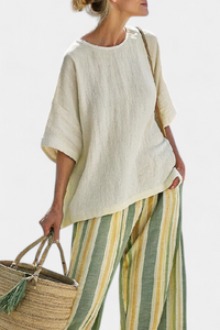 Cecily – Sophisticated Top and Striped Linen Trousers
