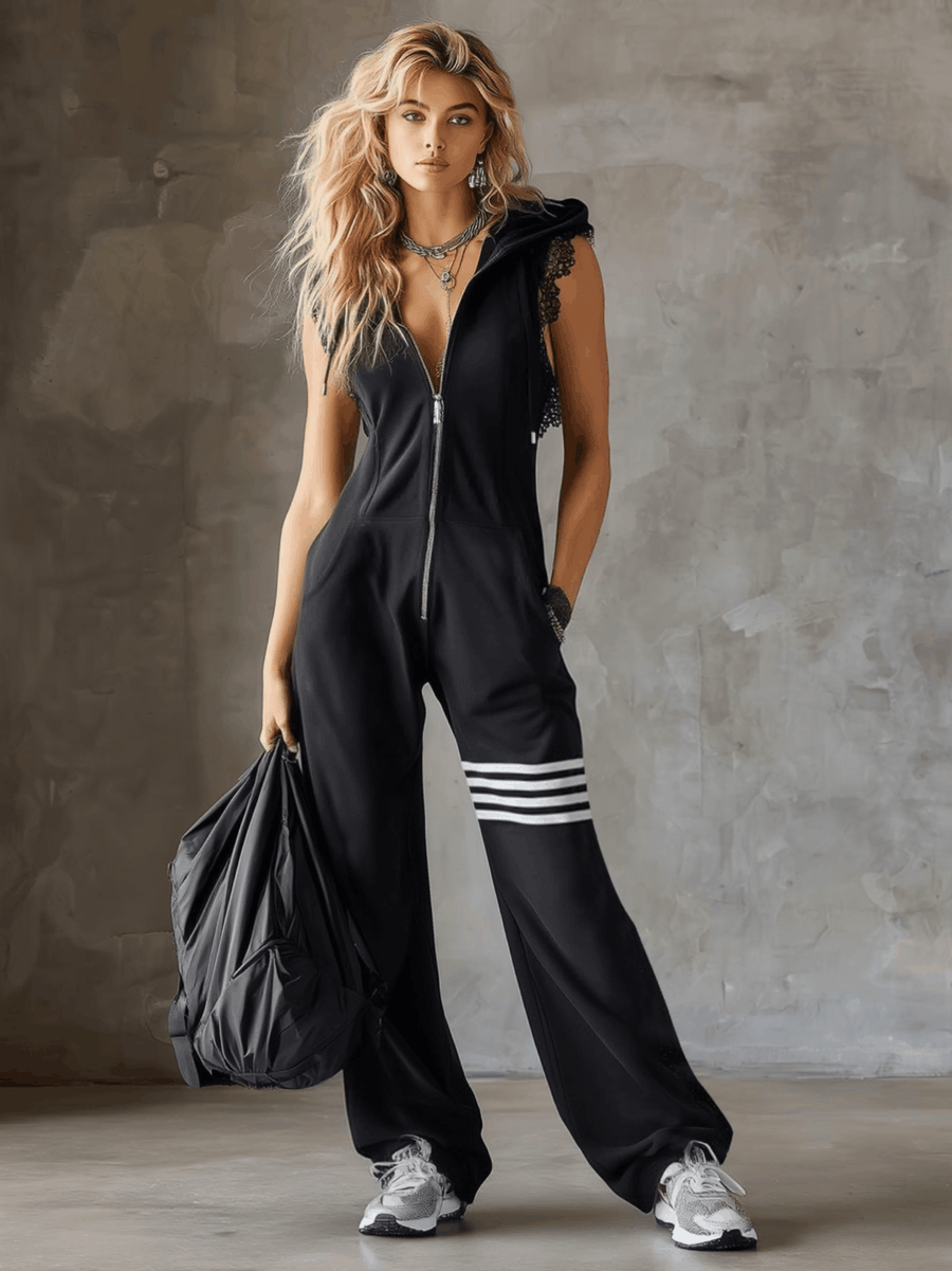 Danielle - Retro Sports Jumpsuit with Hood and Stripes
