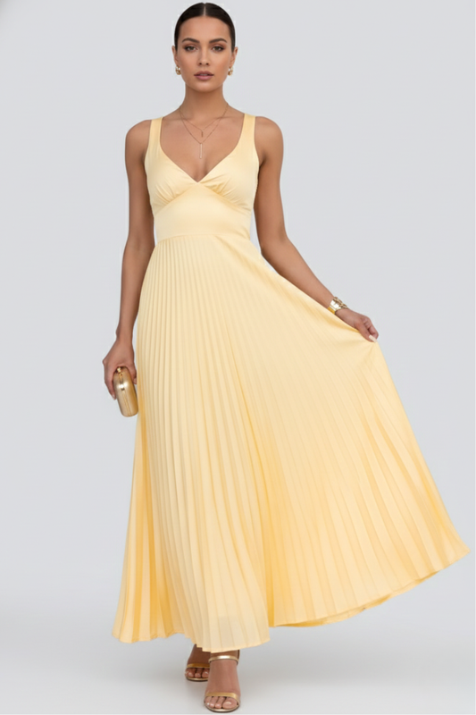 Fiona | Womens V-Neck Pleated Skirt Maxi Dress Yellow