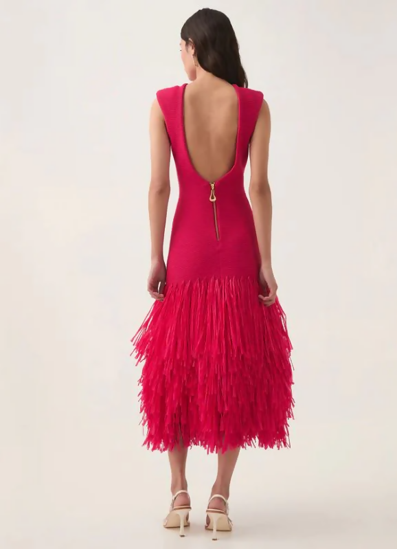 Aje Rushes Raffia Midi Dress in Deep Fuschia