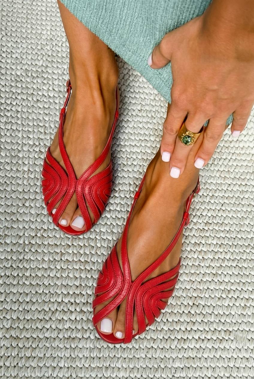 Noelle – Red Leather Caged Peep-Toe Summer Sandals