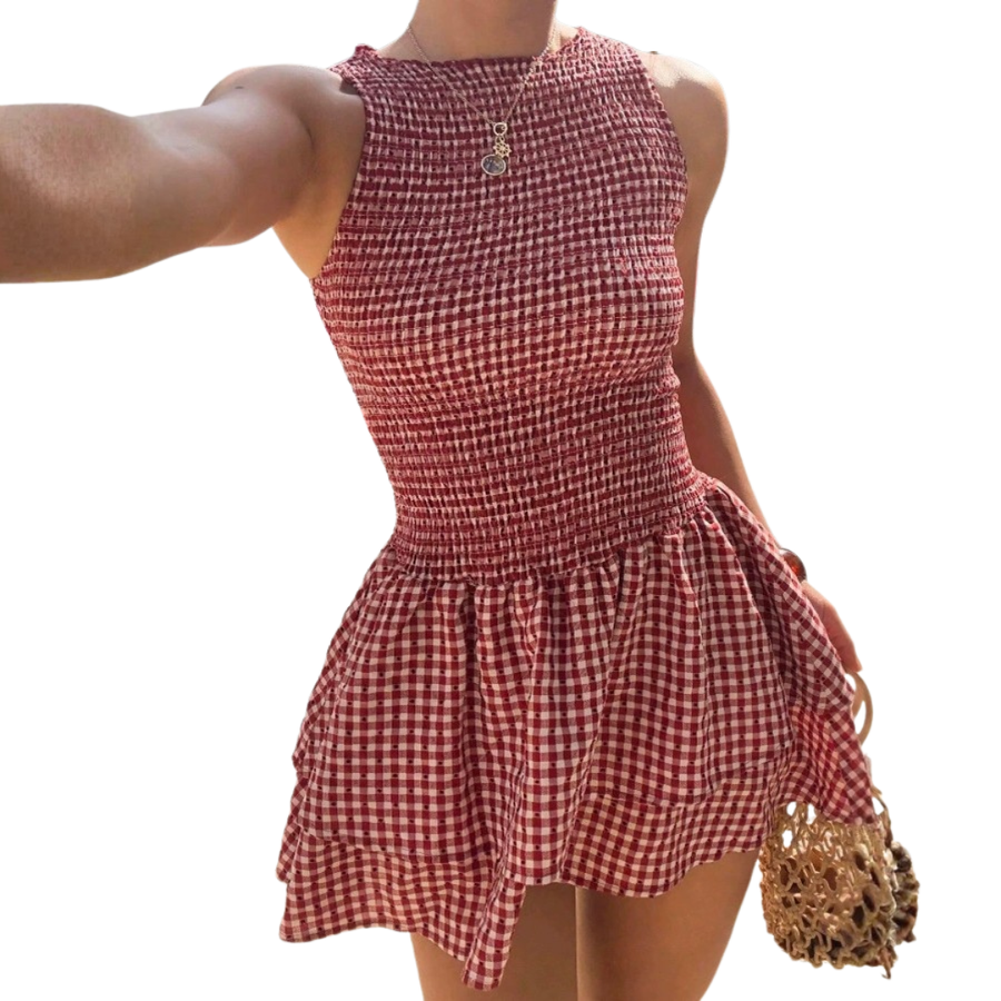 Lumi – Plaid Off-Shoulder Puff Dress