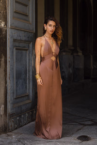 Roma Cocoa Striped Cutout Maxi Dress