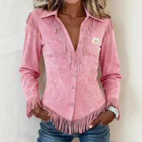 Nyx – Fringe Suede Button-Up Blouse for Cooler Days