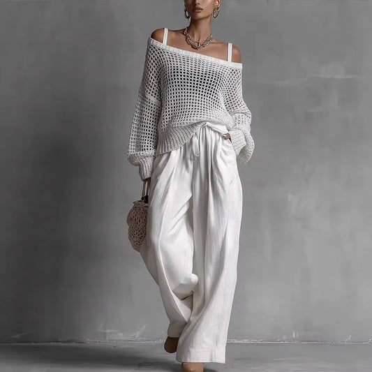 Claire - Elegant Off-Shoulder Trouser Set – White