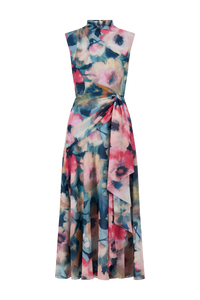 Floral Printed Chiffon Draped Dress