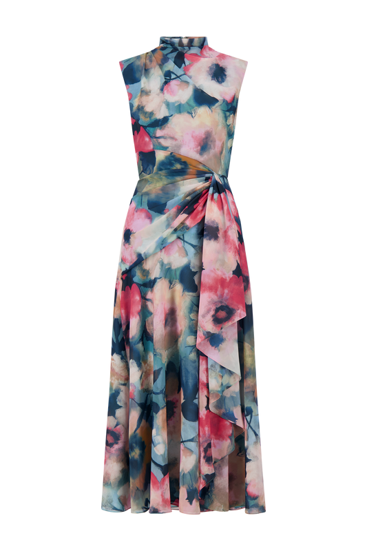 Floral Printed Chiffon Draped Dress