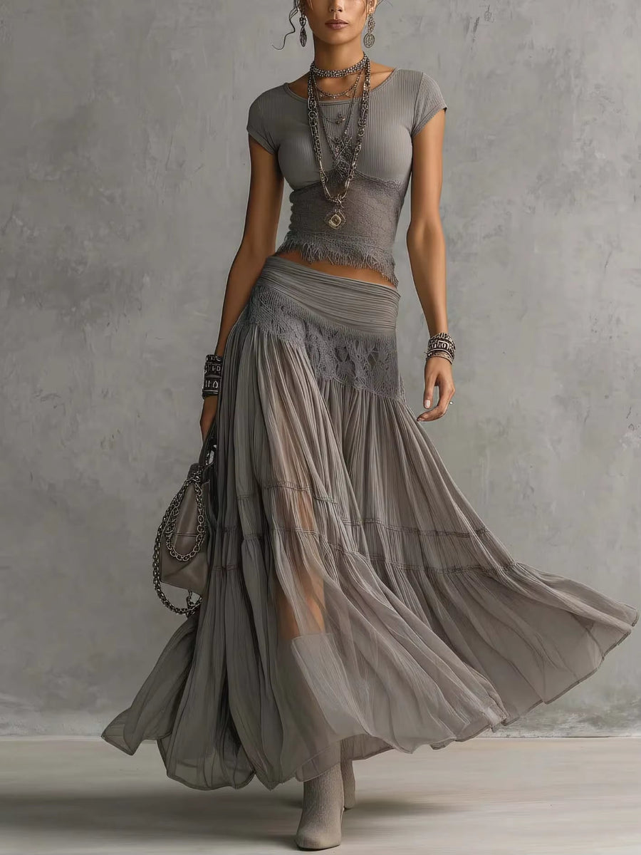 Liliana – Lace Top and Pleated Maxi Skirt Set