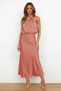 Faith | Womens Chic Halter Evening Dress Coral Pink