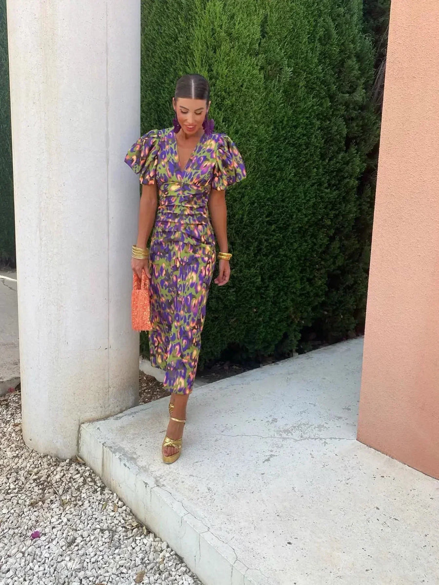 Kennedy - Vibrant Midi Dress with Puff Sleeves