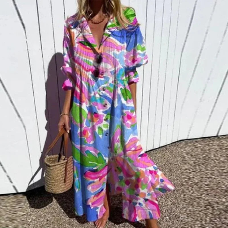 Catherine | Womens Boho Floral Long Sleeve Maxi Dress Pink