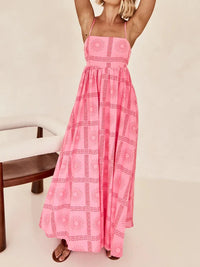 Cyflymder Women Fashion Boho Spaghetti Strap Dress Floral Print Square-Neck Back Cutout Long Dress Beach Vacation Flowy 