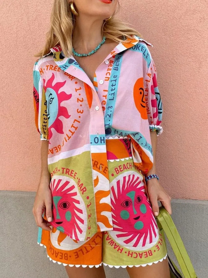Mireva Printed Shirt and Elastic Shorts Set