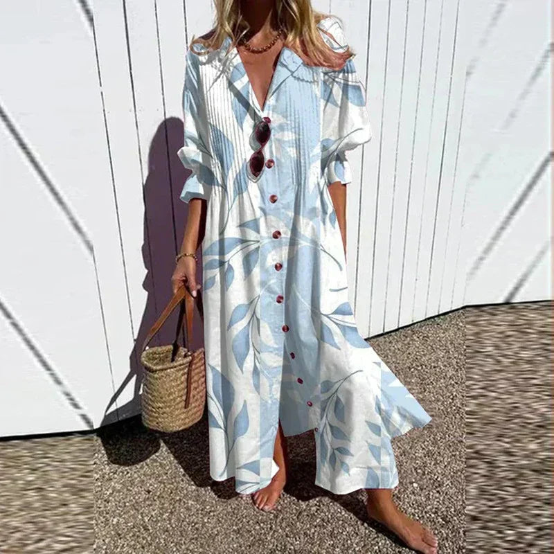 Catherine | Womens Boho Floral Long Sleeve Maxi Dress Light Blue