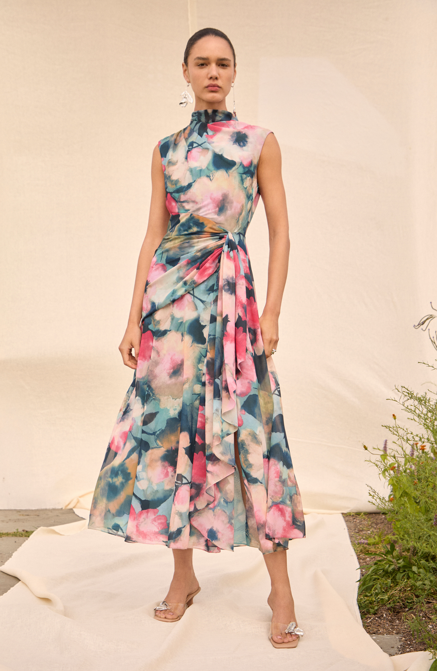 Floral Printed Chiffon Draped Dress