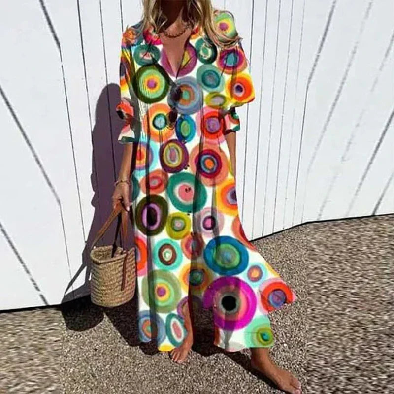 Catherine | Womens Boho Floral Long Sleeve Maxi Dress Multi Circles