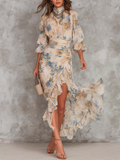 Ciara - Beige Turtleneck Oil Painting Floral Print Irregular Chiffon Maxi Dress