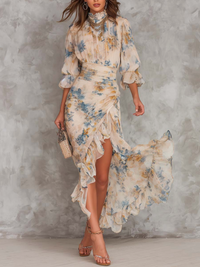 Ciara - Beige Turtleneck Oil Painting Floral Print Irregular Chiffon Maxi Dress