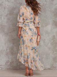 Ciara - Beige Turtleneck Oil Painting Floral Print Irregular Chiffon Maxi Dress