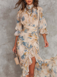 Ciara - Beige Turtleneck Oil Painting Floral Print Irregular Chiffon Maxi Dress