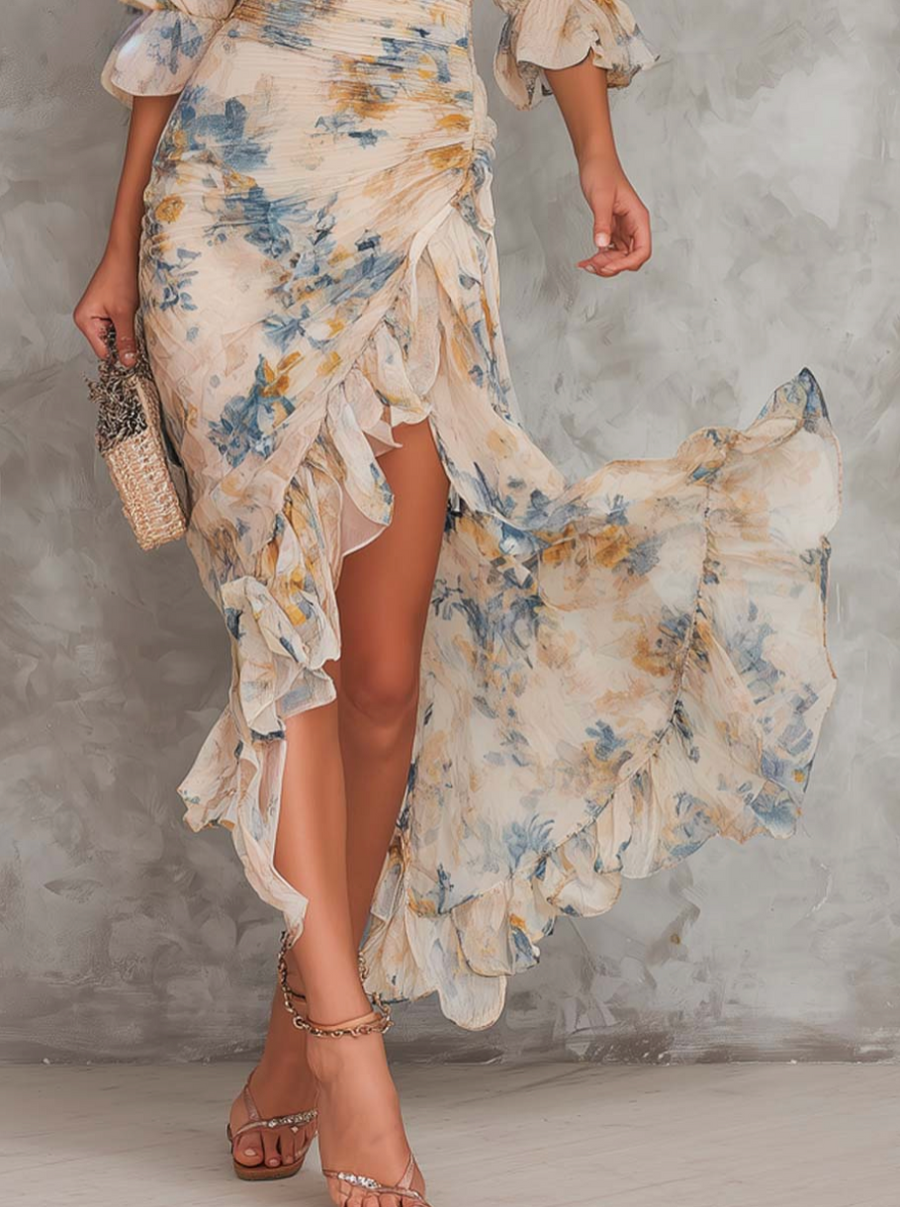 Ciara - Beige Turtleneck Oil Painting Floral Print Irregular Chiffon Maxi Dress