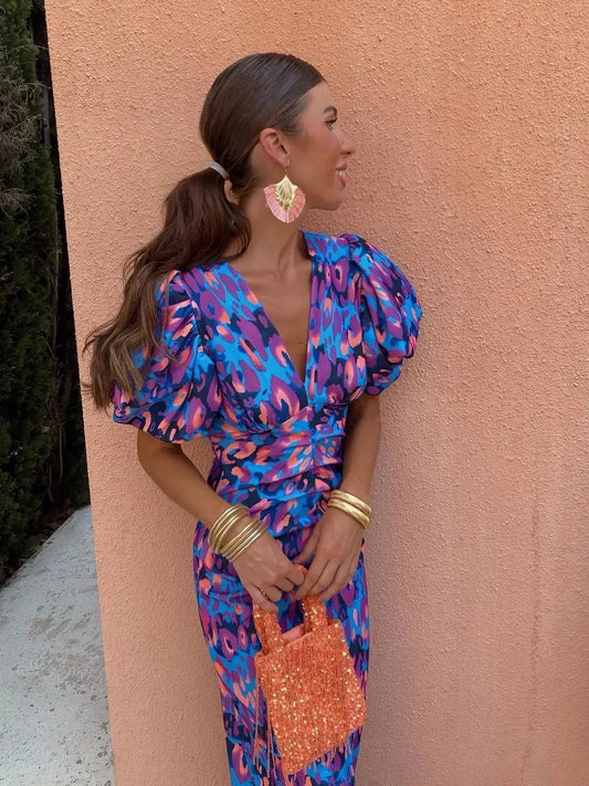 Kennedy - Vibrant Midi Dress with Puff Sleeves