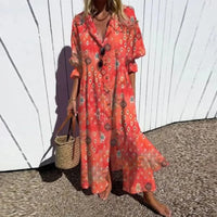 Catherine | Womens Boho Floral Long Sleeve Maxi Dress Red